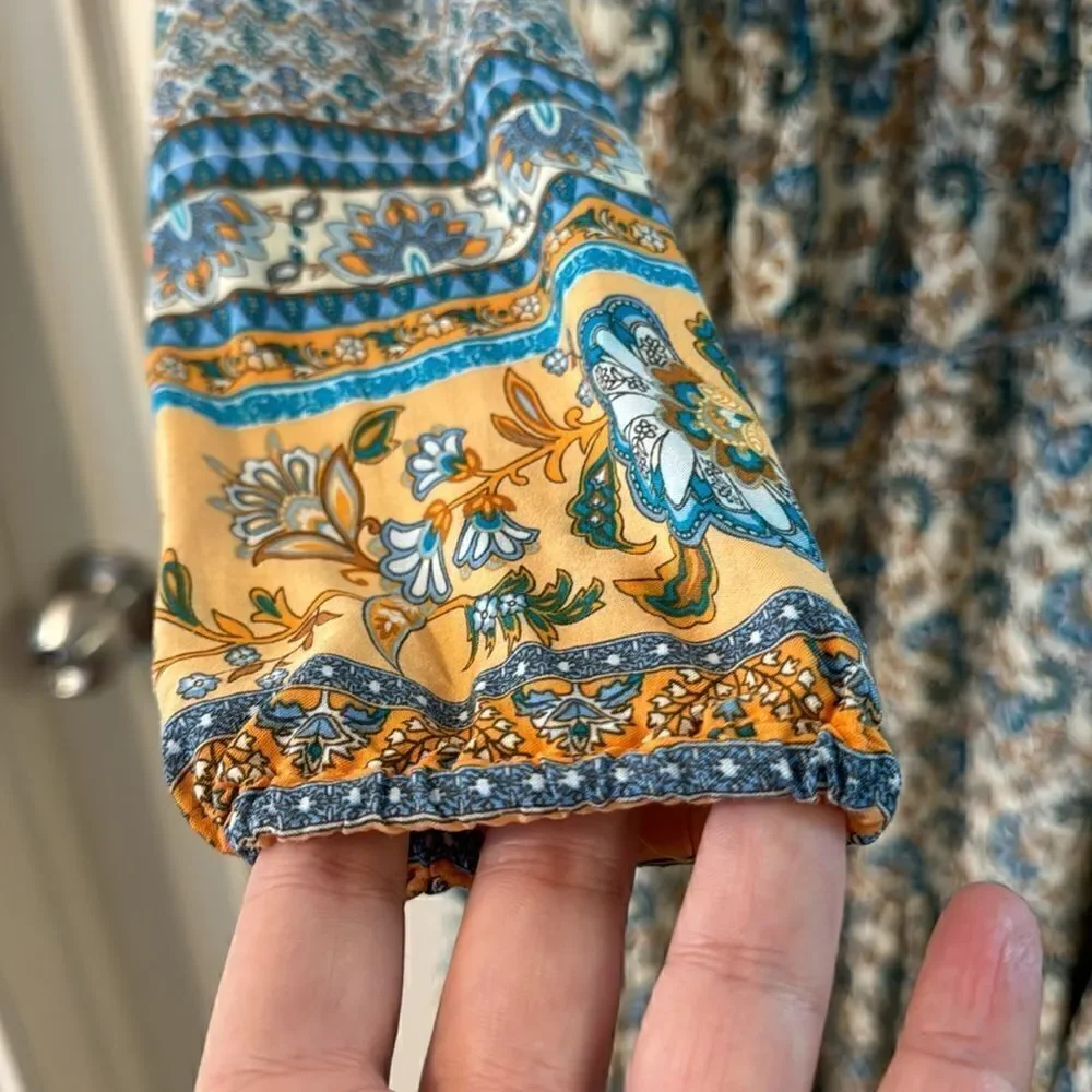 Hey Samy Smock Midi Dress In Blue & Mint Mixed Floral Printed Size M